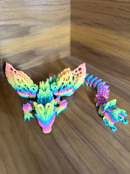 "Fae Wolf Dragon" – 3D Printed Articulated Figurine in Rainbow Glow-in-the-Dark Filament