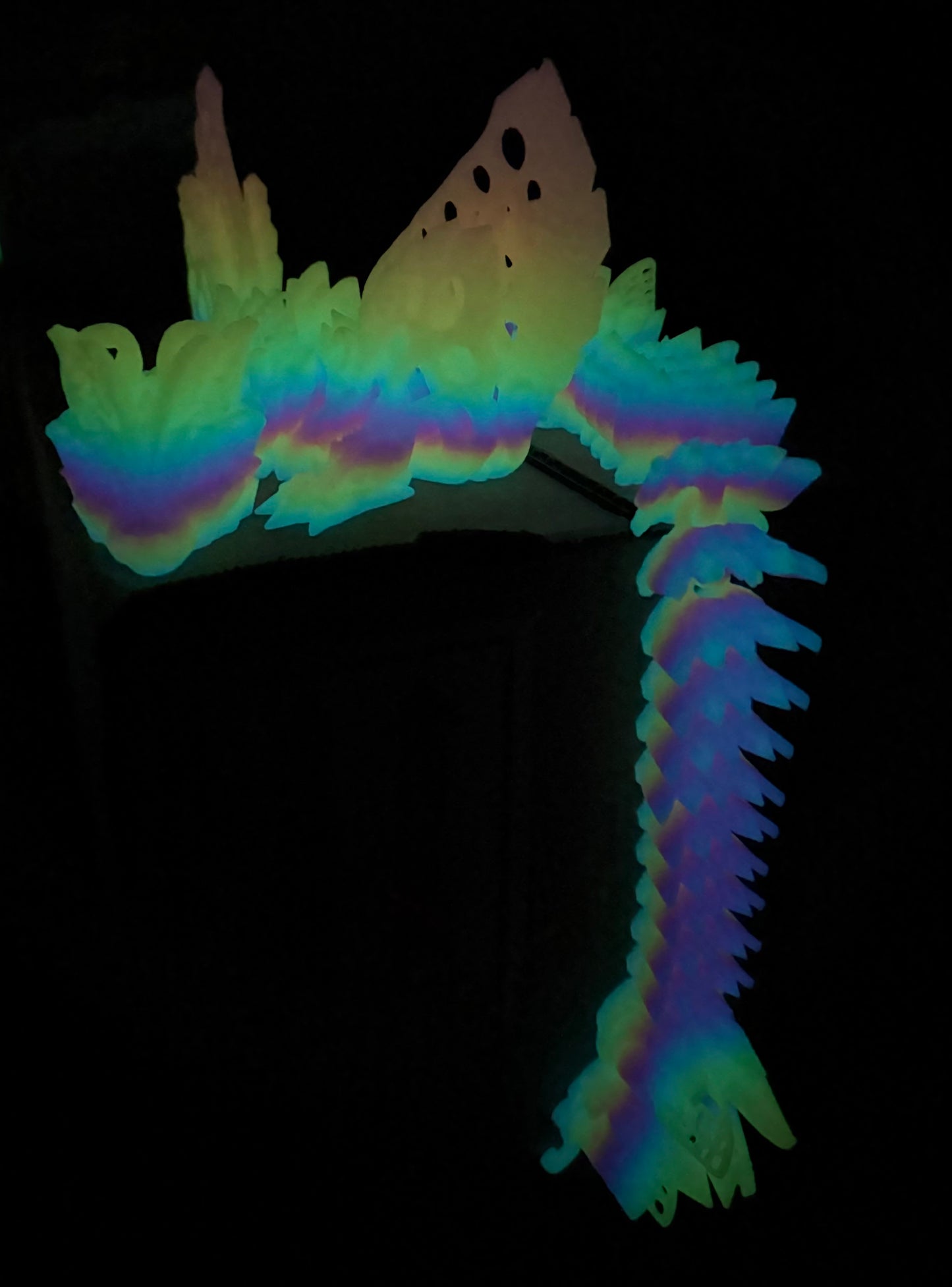 "Fae Wolf Dragon" – 3D Printed Articulated Figurine in Rainbow Glow-in-the-Dark Filament