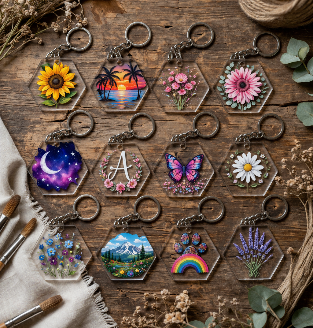 Laser-Cut Clear Acrylic Keychain Blanks – 12 Pack (Multiple Shapes & Sizes)