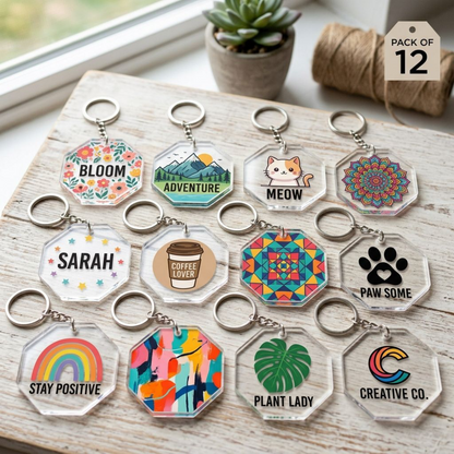 Laser-Cut Clear Acrylic Keychain Blanks – 12 Pack (Multiple Shapes & Sizes)