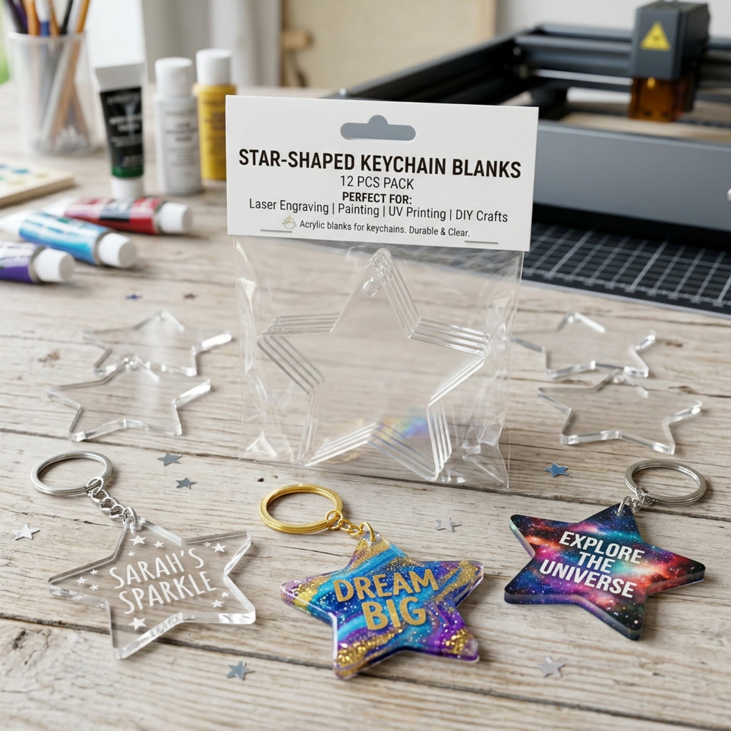 Laser-Cut Clear Acrylic Keychain Blanks – 12 Pack (Multiple Shapes & Sizes)