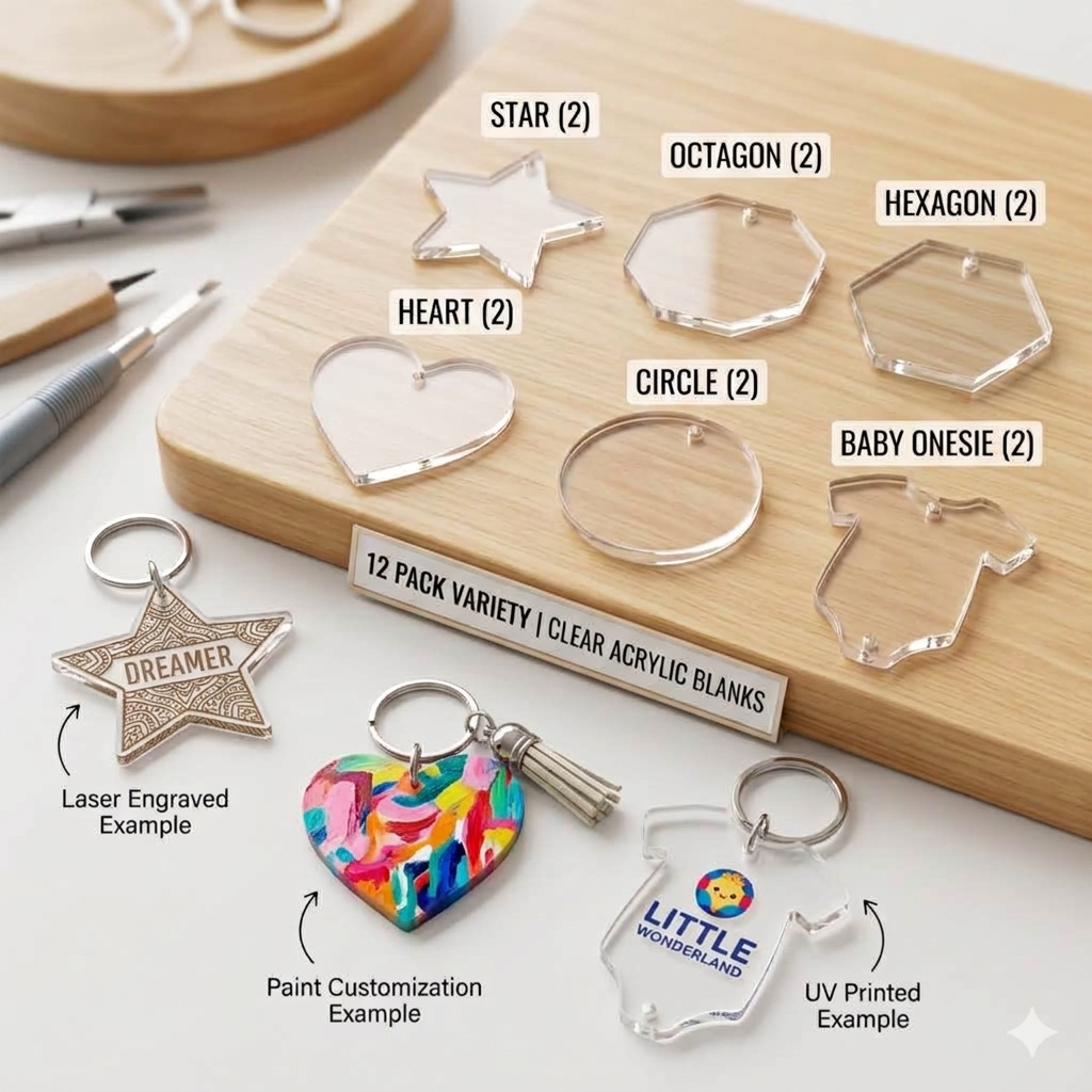Laser-Cut Clear Acrylic Keychain Blanks – 12 Pack (Multiple Shapes & Sizes)