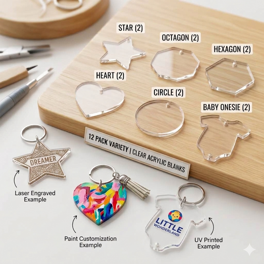 Laser-Cut Clear Acrylic Keychain Blanks – 12 Pack (Multiple Shapes & Sizes)